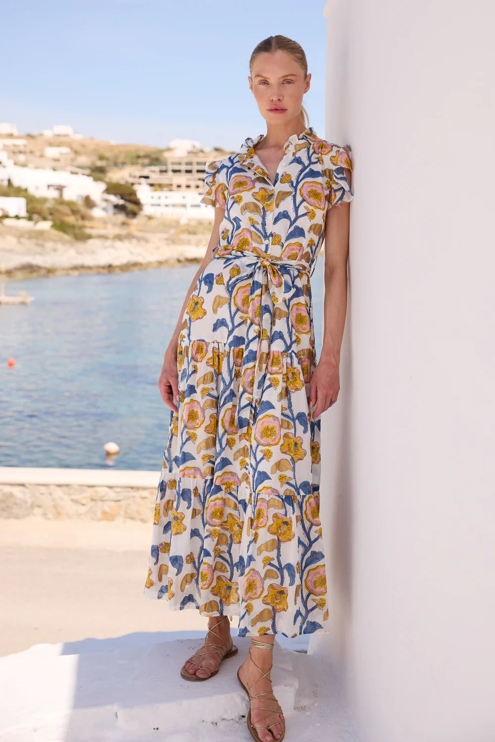 Oliphant Ruffle Collar Poppy Print Maxi Dress FInal Clearance Poppy Marigold / L