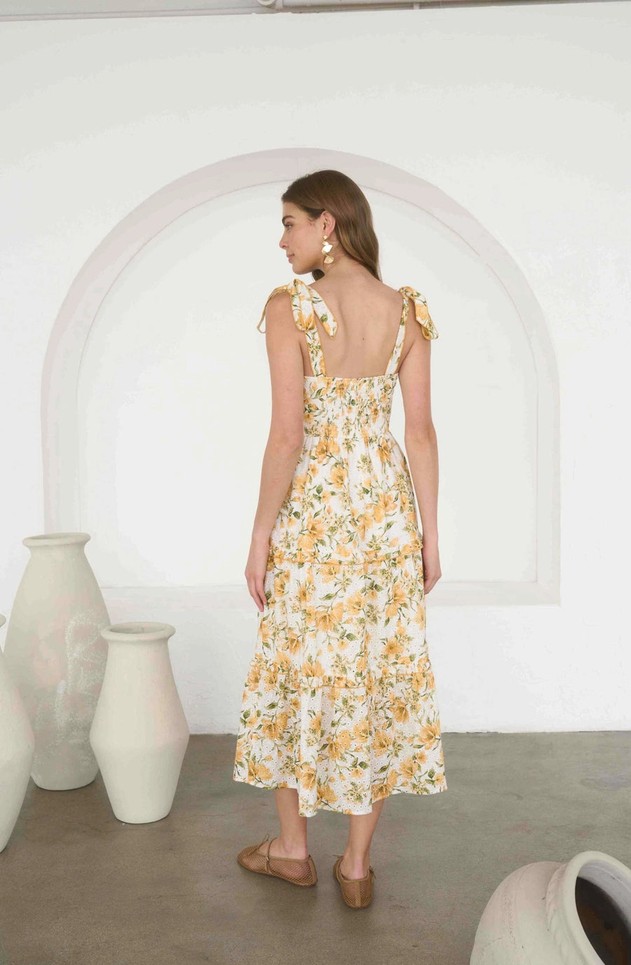 Moon River Floral Scalloped Neck Midi Dress