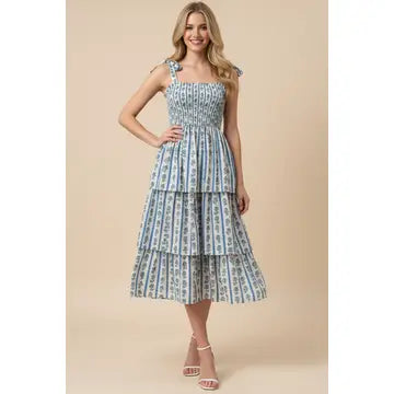 Pinch Striped Smocked Floral Midi Dress