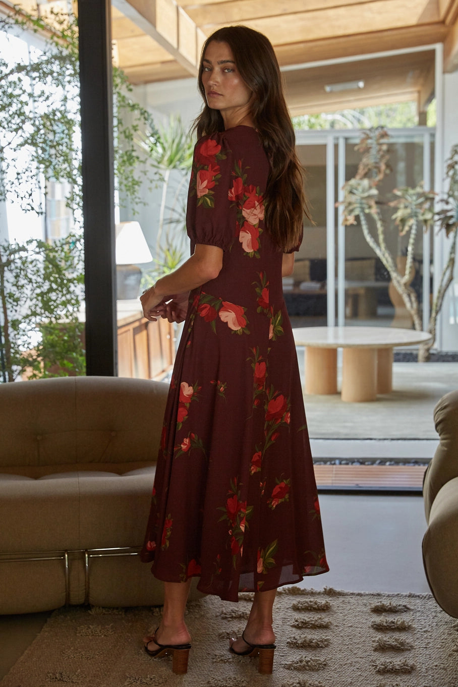 By Together Floral Print Puff Sleeve Midi Dress