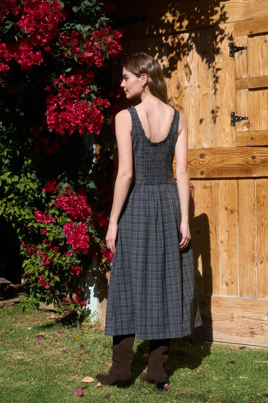 Moon River Plaid Scoop Neck Midi Dress