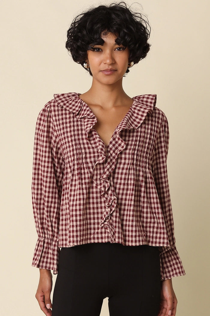 Olivaceous Hazel Gingham Ruffle Blouse