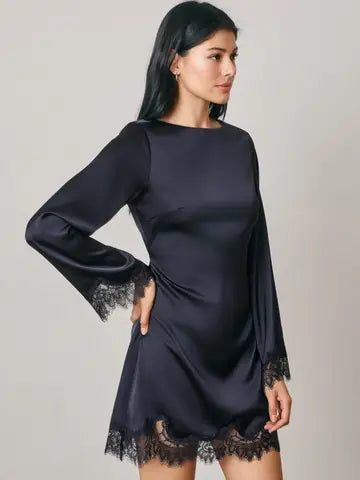 Dress Forum Satin & Lace Long Sleeve Mini Dress