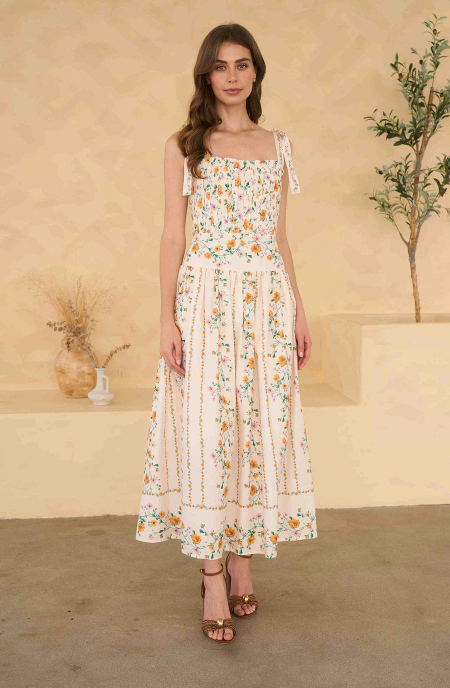 Moon River Floral Garland Pleated Midi Dress