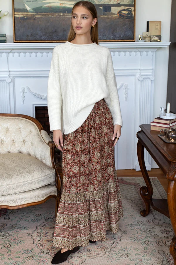 Emerson Fry Shirred Skirt Floral Stripe Terracotta