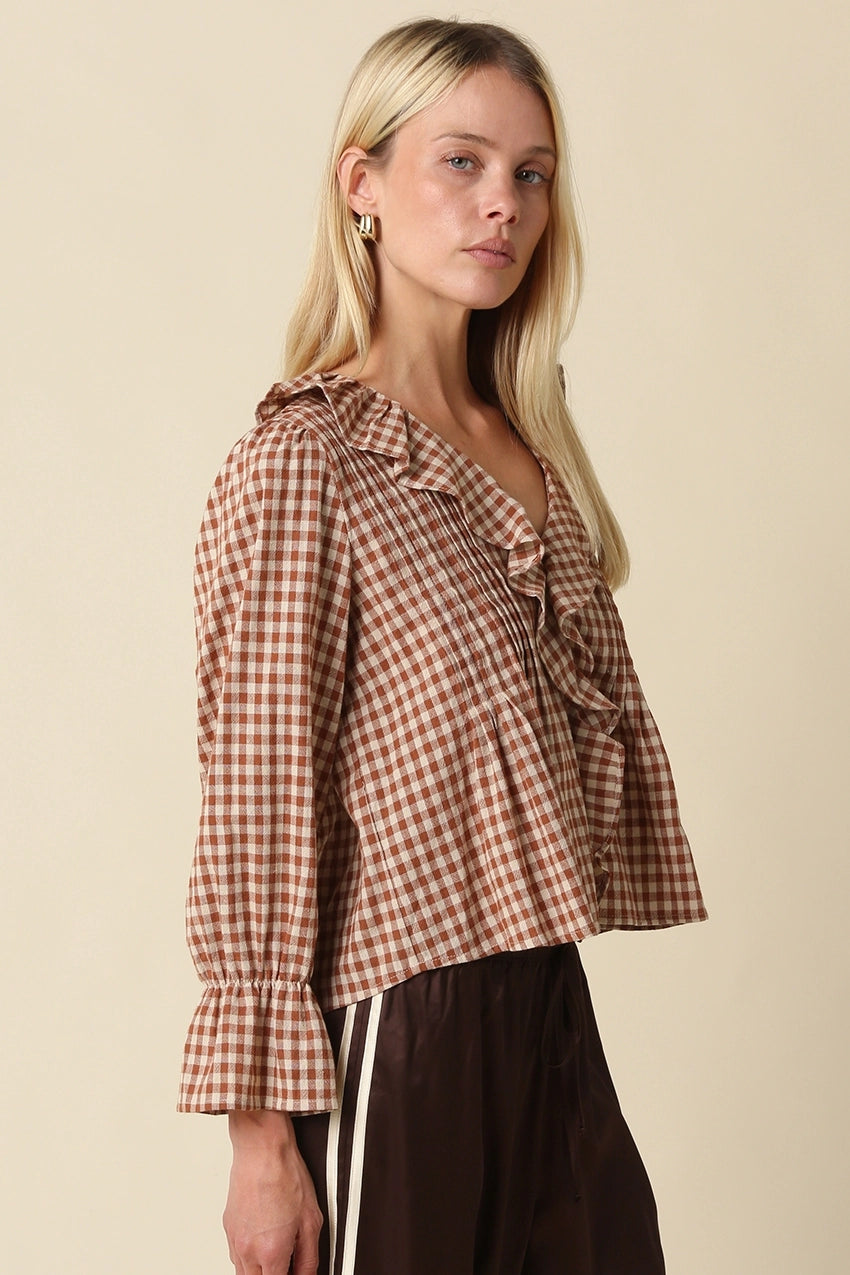 Olivaceous Hazel Gingham Ruffle Blouse