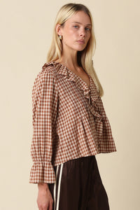 Olivaceous Hazel Gingham Ruffle Blouse