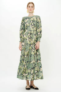 Oliphant Suzani Charcoal Smocked Top Maxi Dress