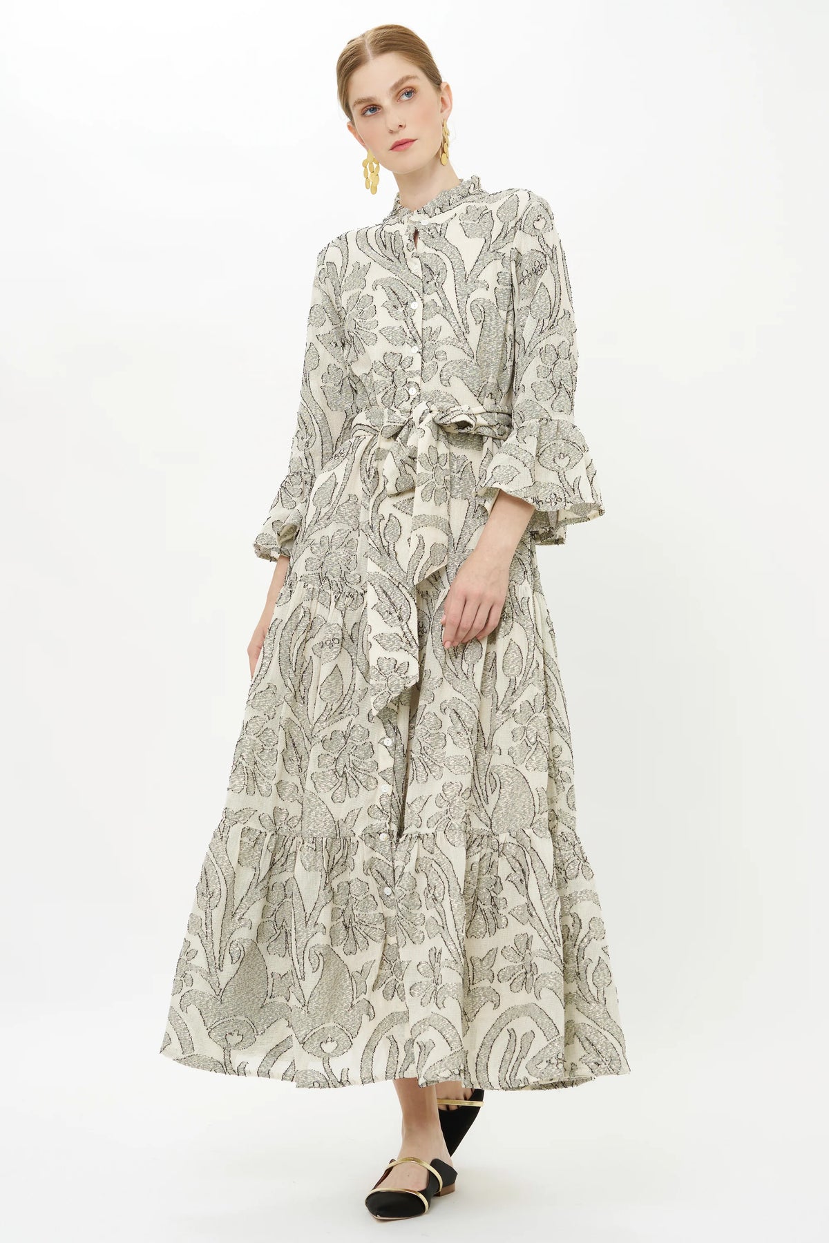 Oliphant Birch Taupe Ruffle Collar Maxi Dress