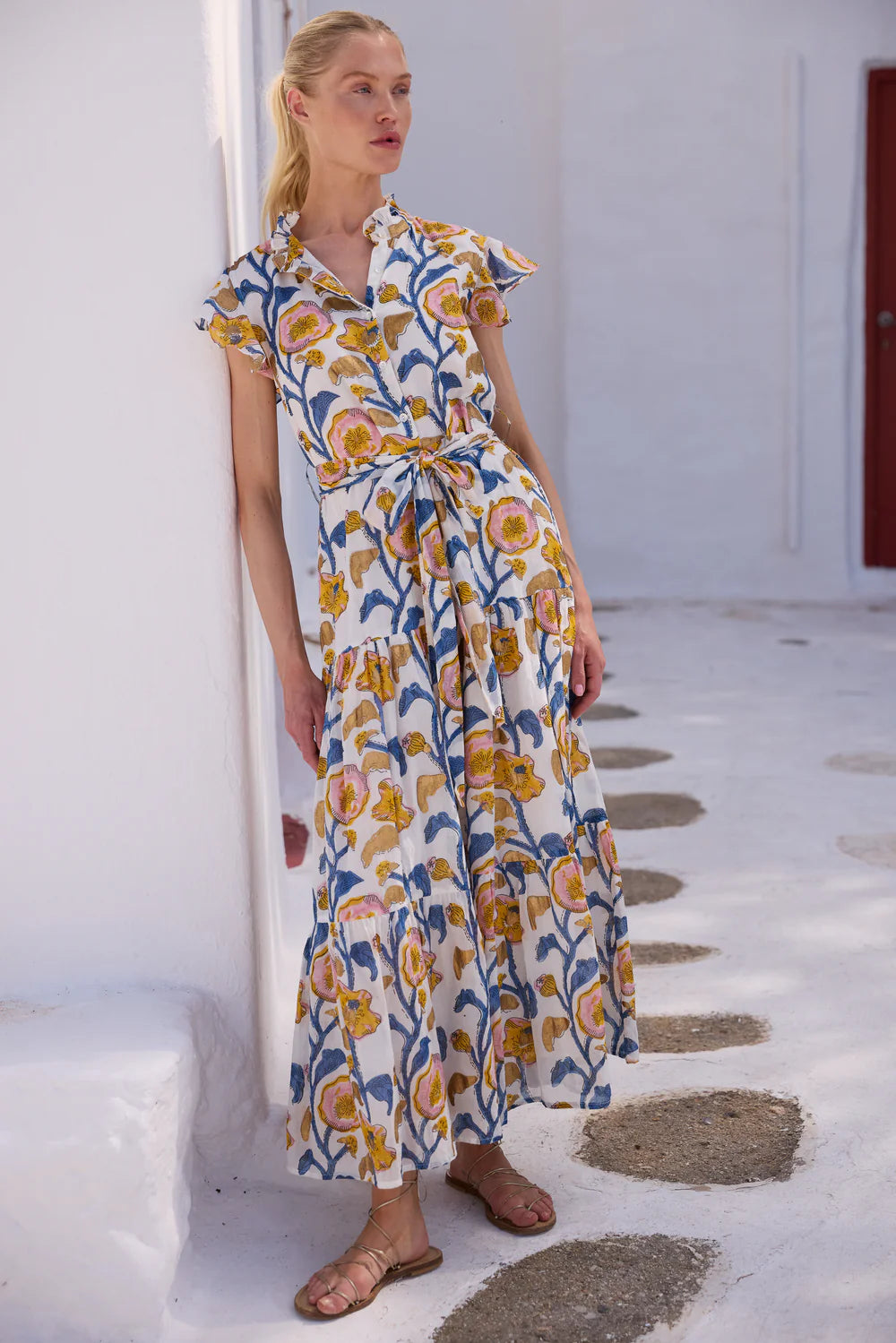 Oliphant Ruffle Collar Poppy Print Maxi Dress