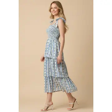 Pinch Striped Smocked Floral Midi Dress