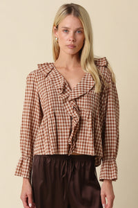 Olivaceous Hazel Gingham Ruffle Blouse