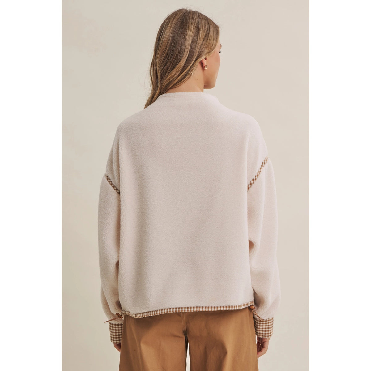 In February Gingham Trim Sherpa Half-Zip Pullover