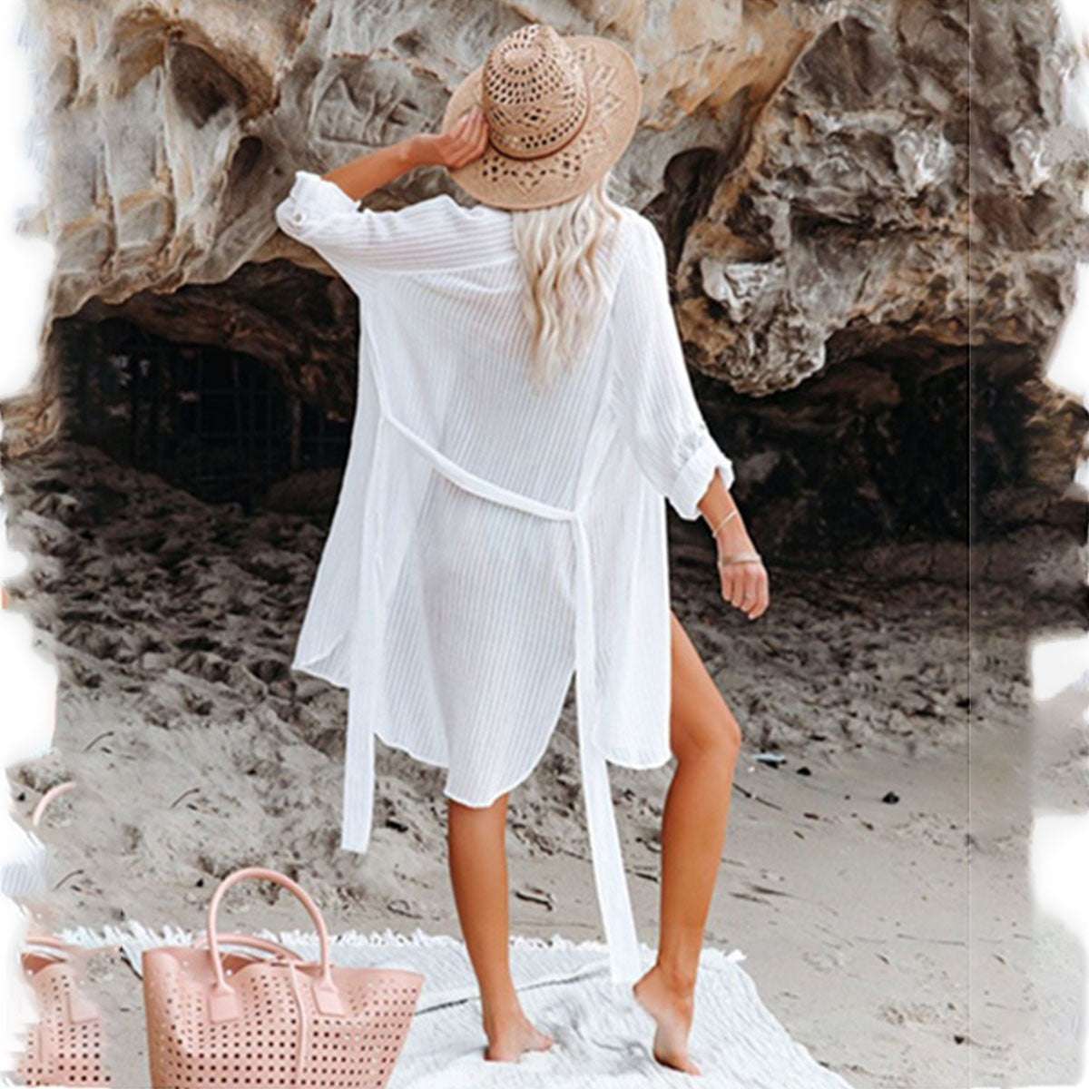 Accity Button Front Shirt Beach Coverup