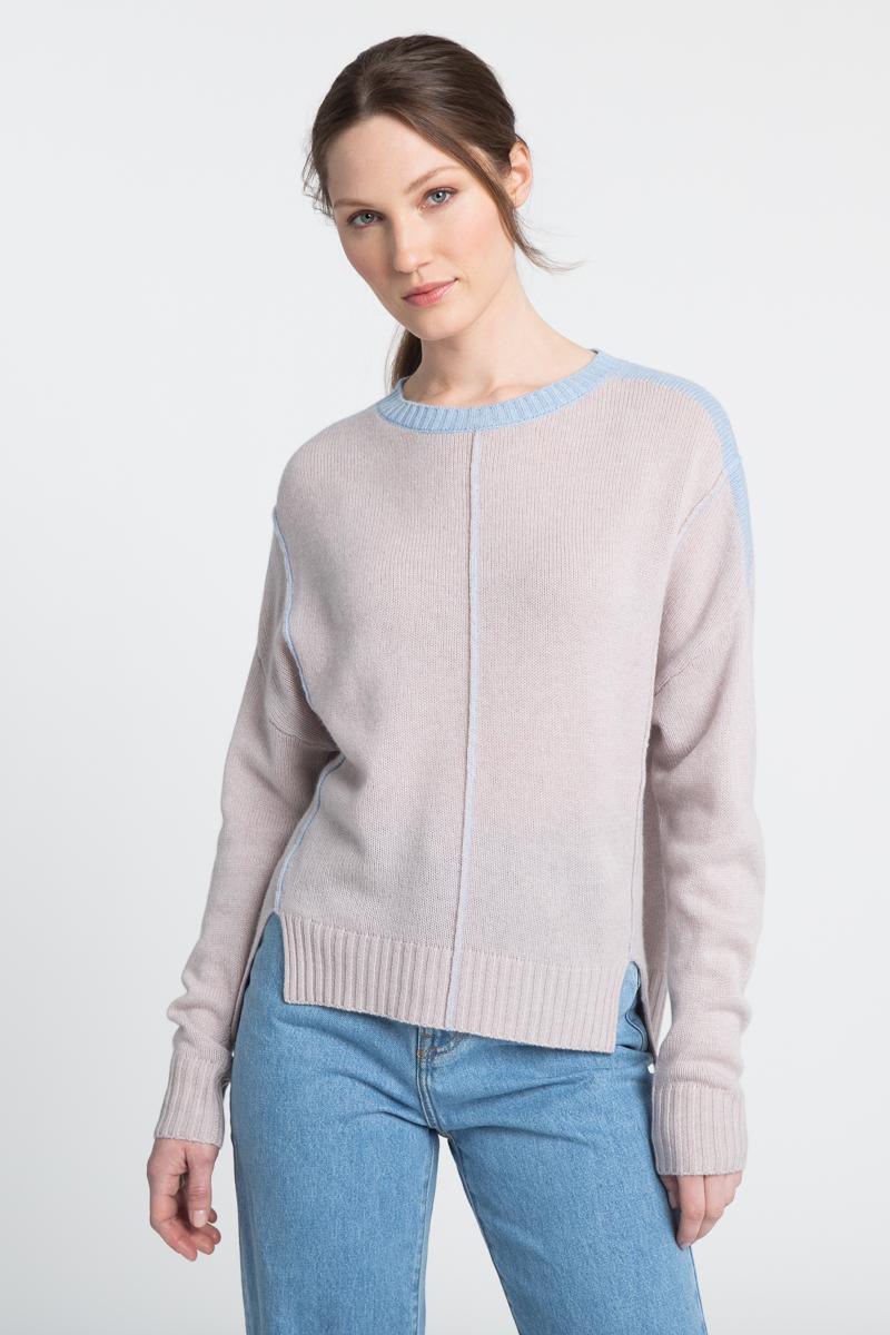 Kinross Cashmere Exposed Seam Hi-Low Crew Sweater