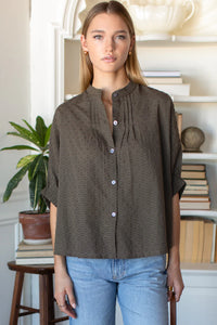 Emerson Fry Mandarin Collar Top Olive Grove Swiss