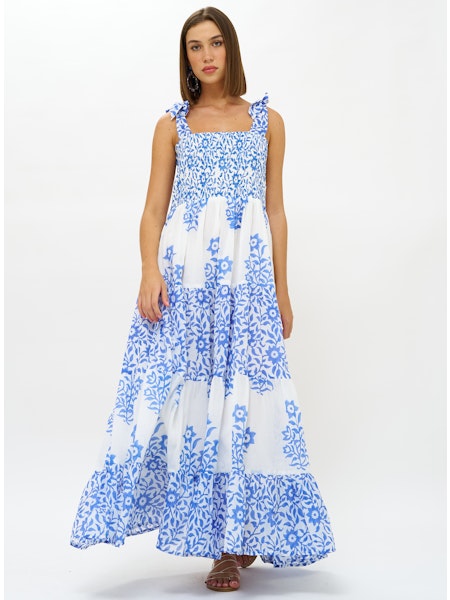 Oliphant Smocked Wide Strap Midi Floral Dress