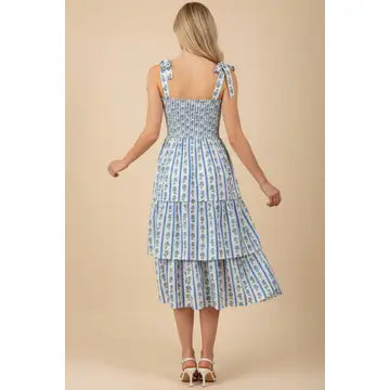 Pinch Striped Smocked Floral Midi Dress