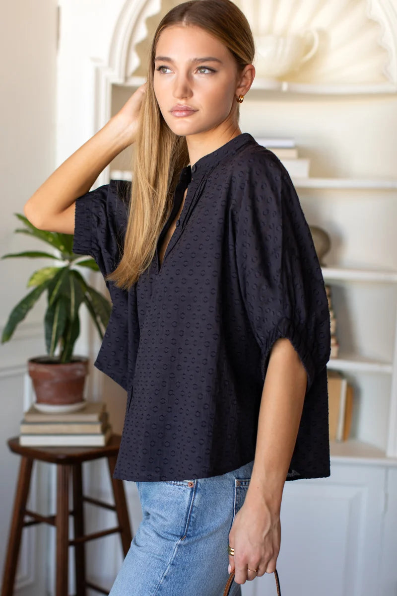 Emerson Fry Mandarin Collar Top Midnight Swiss Dot