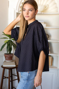 Emerson Fry Mandarin Collar Top Midnight Swiss Dot