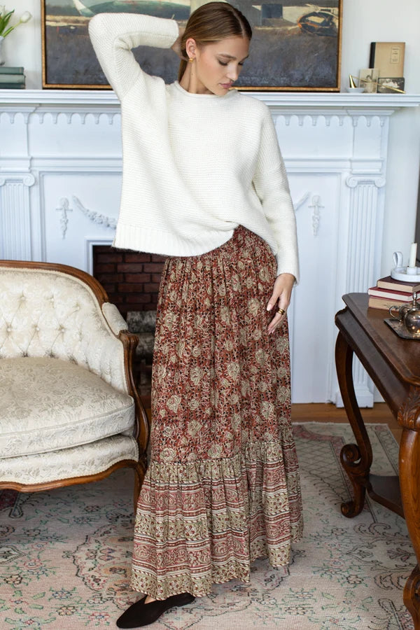 Emerson Fry Shirred Skirt Floral Stripe Terracotta