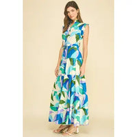 Pinch Leaf Print Tiered Maxi Dress