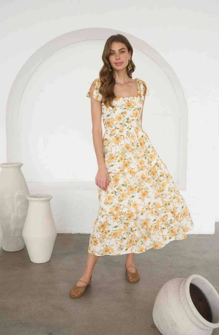 Moon River Floral Scalloped Neck Midi Dress