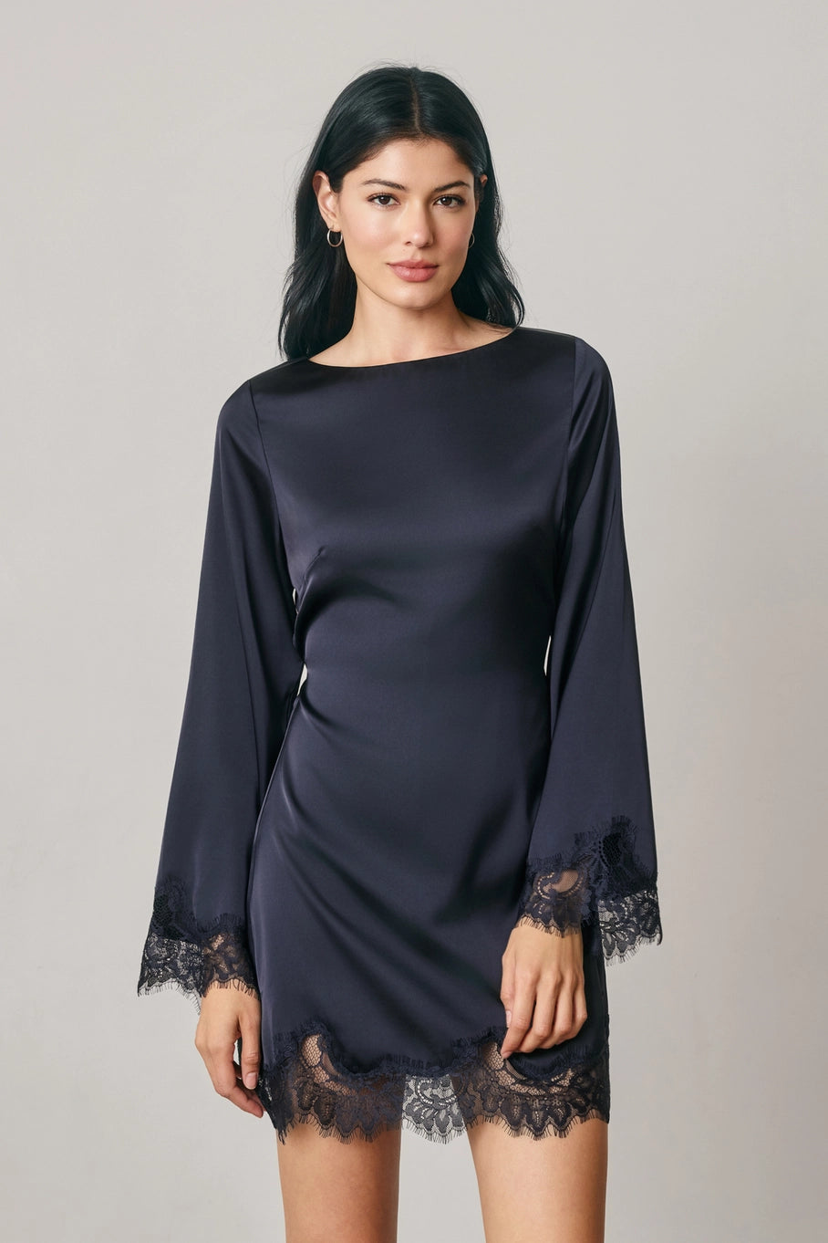 Dress Forum Satin & Lace Long Sleeve Mini Dress