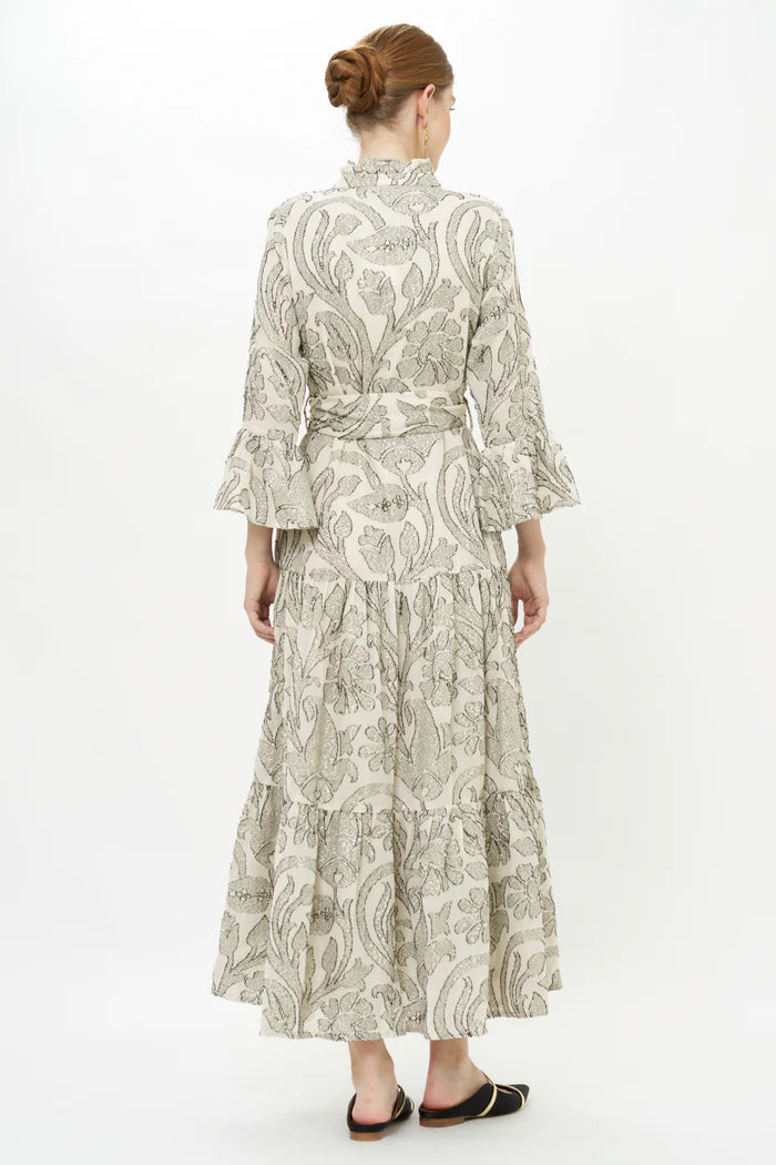 Oliphant Birch Taupe Ruffle Collar Maxi Dress