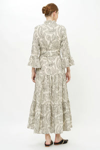 Oliphant Birch Taupe Ruffle Collar Maxi Dress