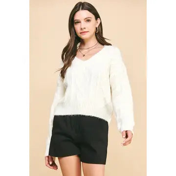 Pinch Textuerd Cable Knit Crop Sweater