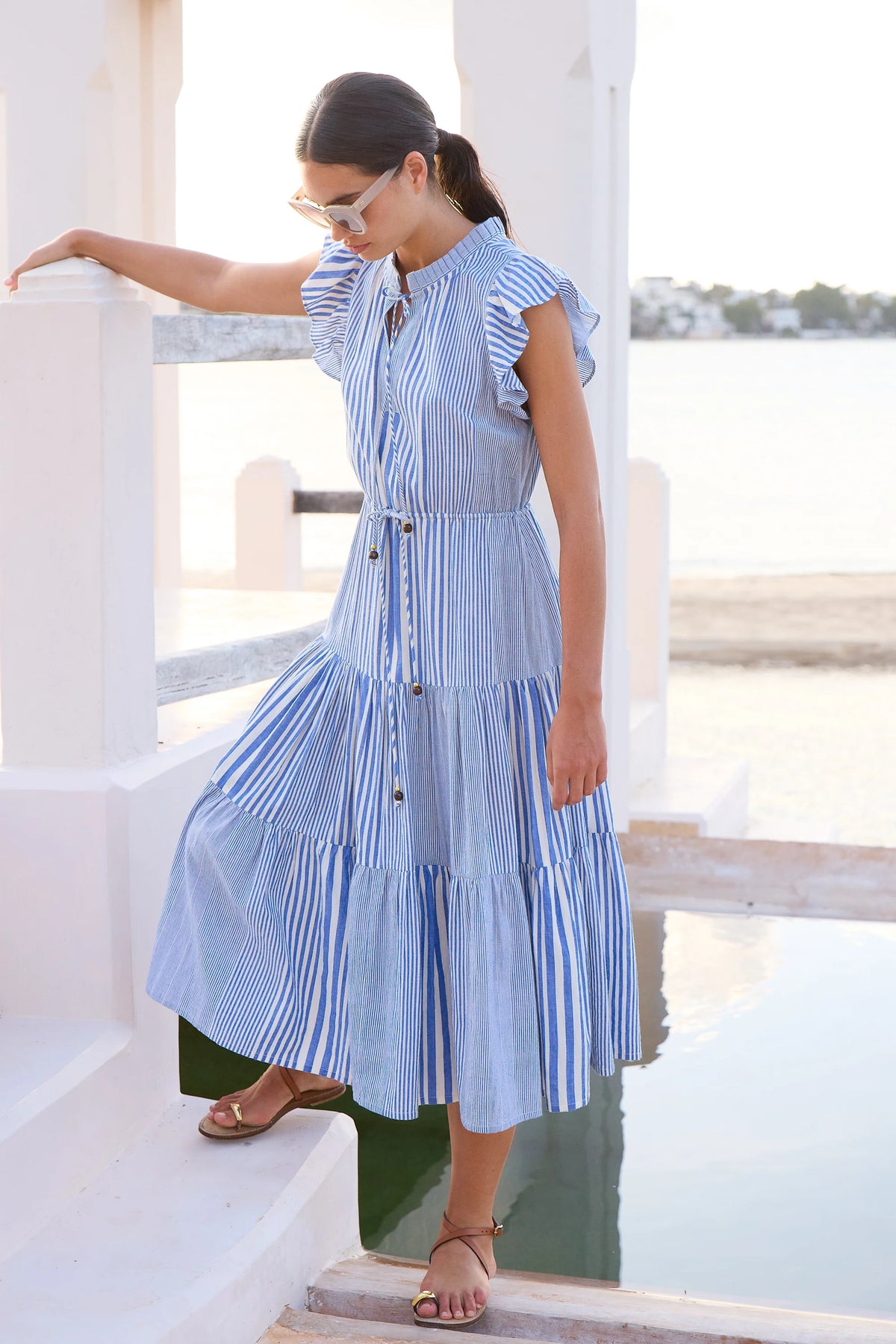 Oliphant Cinched Flirty Striped Henley Midi Dress