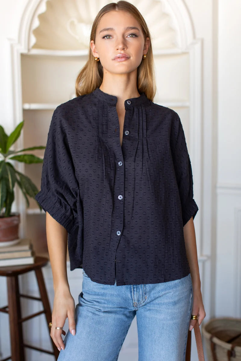 Emerson Fry Mandarin Collar Top Midnight Swiss Dot