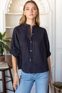 Emerson Fry Mandarin Collar Top Midnight Swiss Dot
