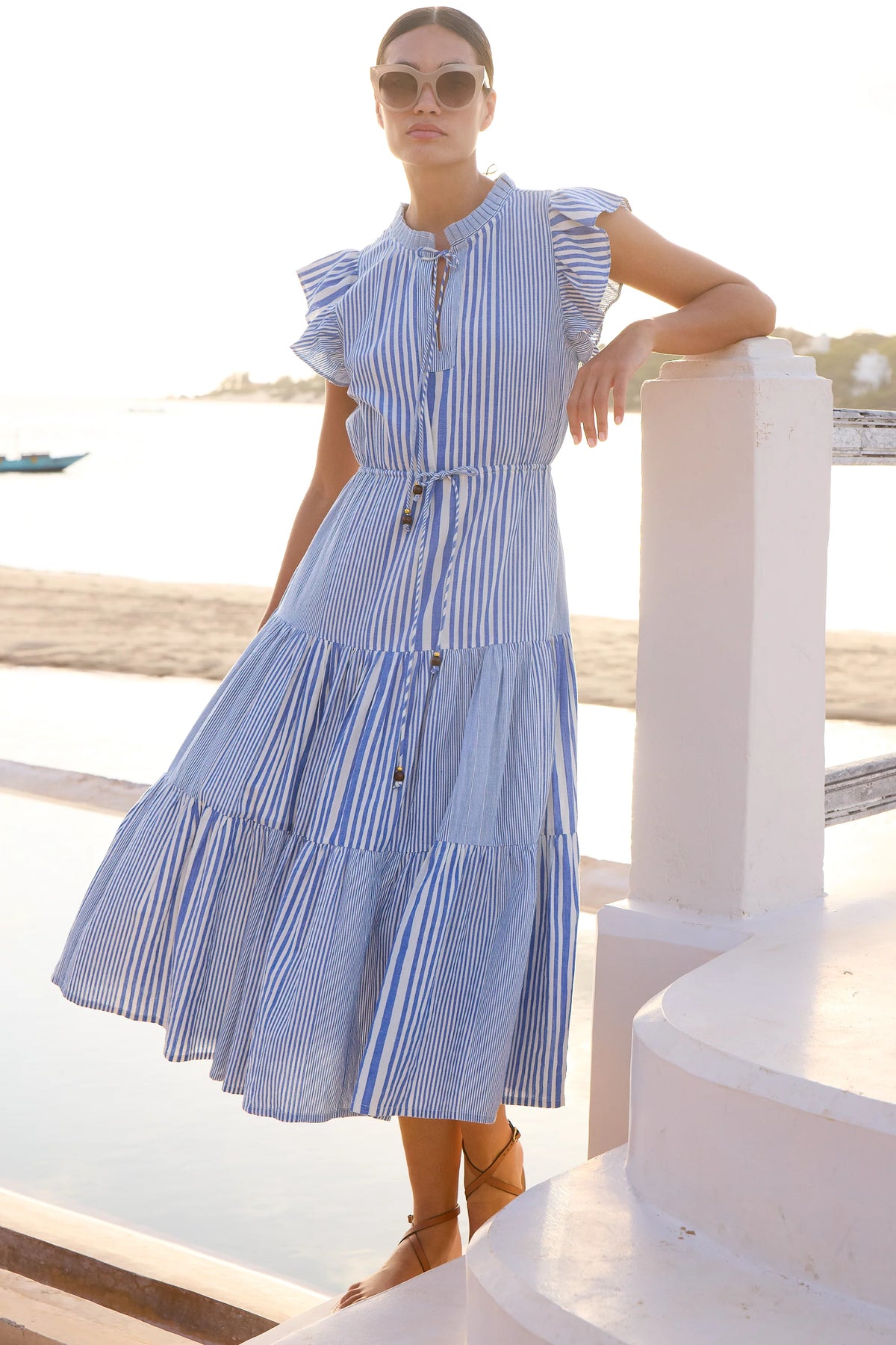 Oliphant Cinched Flirty Striped Henley Midi Dress