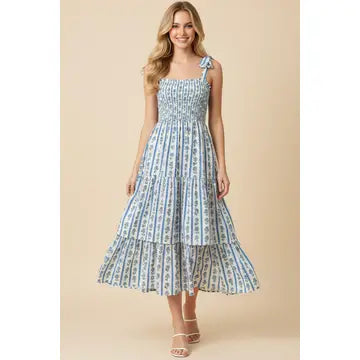 Pinch Striped Smocked Floral Midi Dress