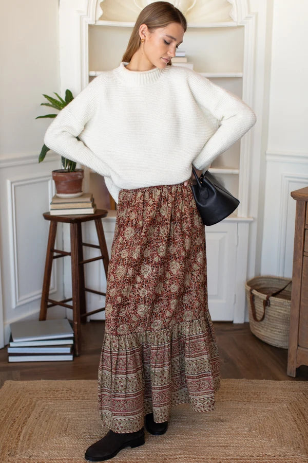 Emerson Fry Shirred Skirt Floral Stripe Terracotta