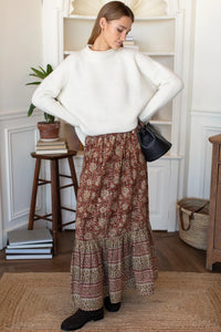 Emerson Fry Shirred Skirt Floral Stripe Terracotta