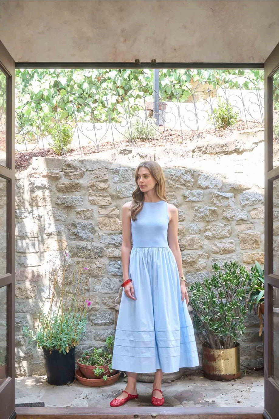 Moon River Striped Knit Mixed Media Midi Dress