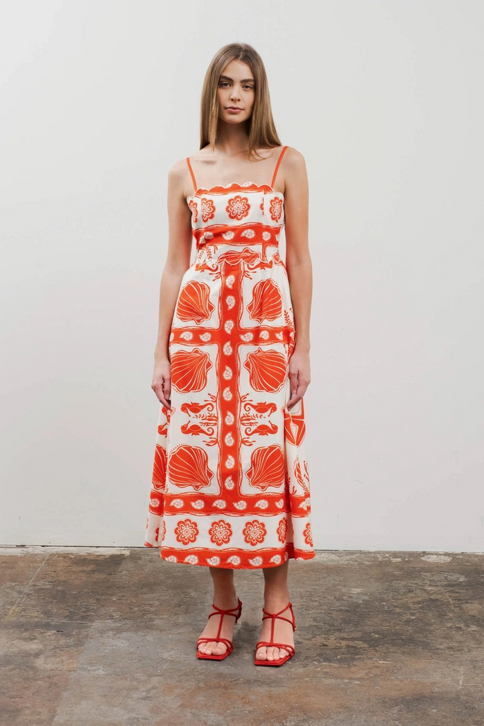 Moon River Sea Print Scallop Detail Dress
