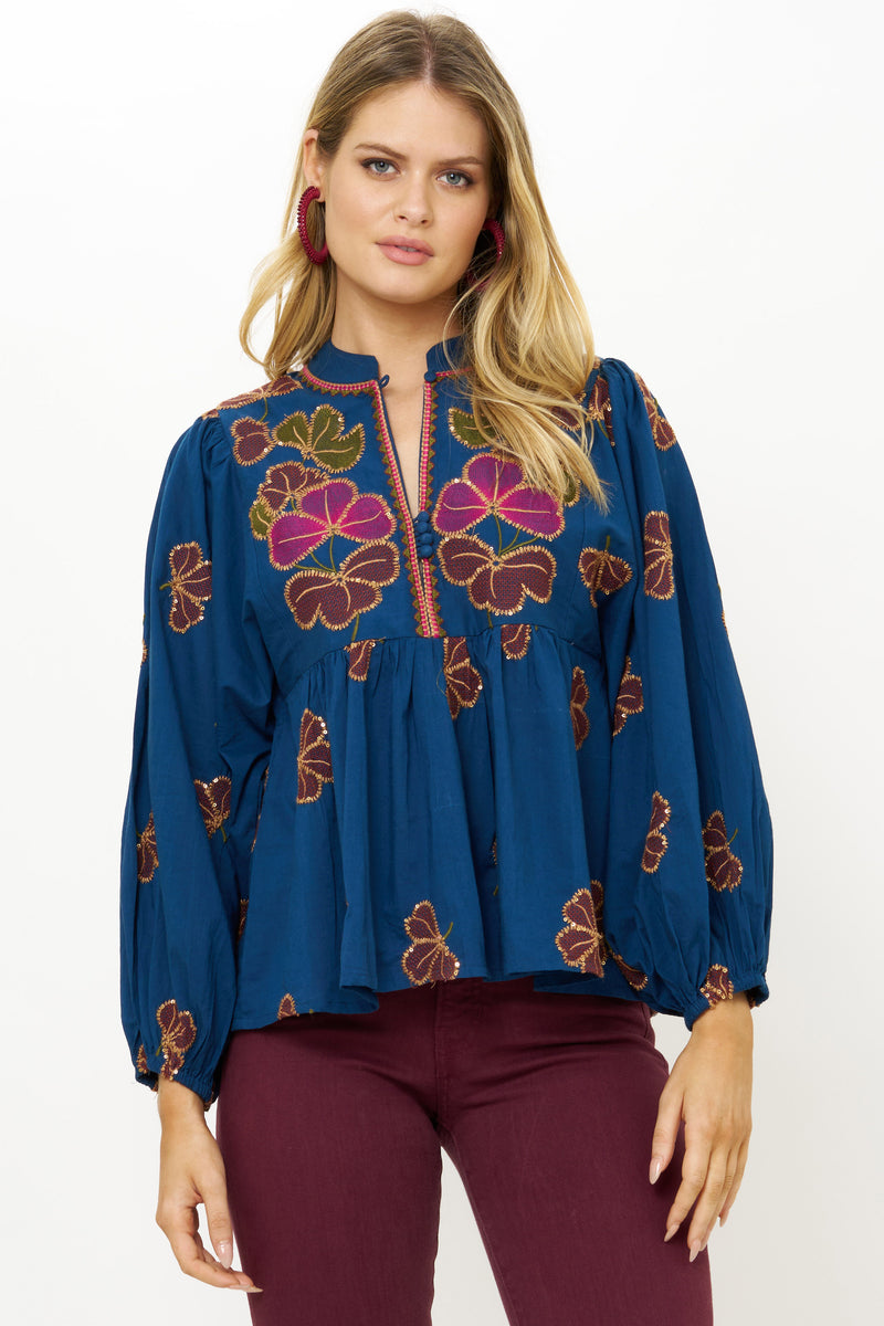 Oliphant Mandarin Balloon Sleeve Top-Final Clearance