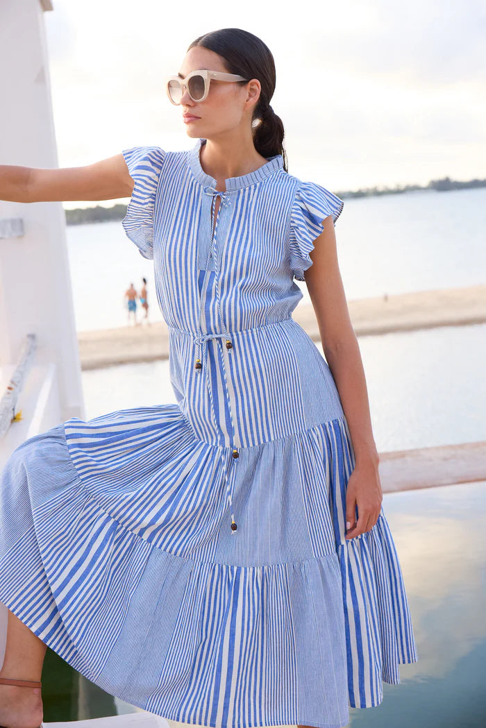 Oliphant Cinched Flirty Striped Henley Midi Dress