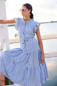 Oliphant Cinched Flirty Striped Henley Midi Dress