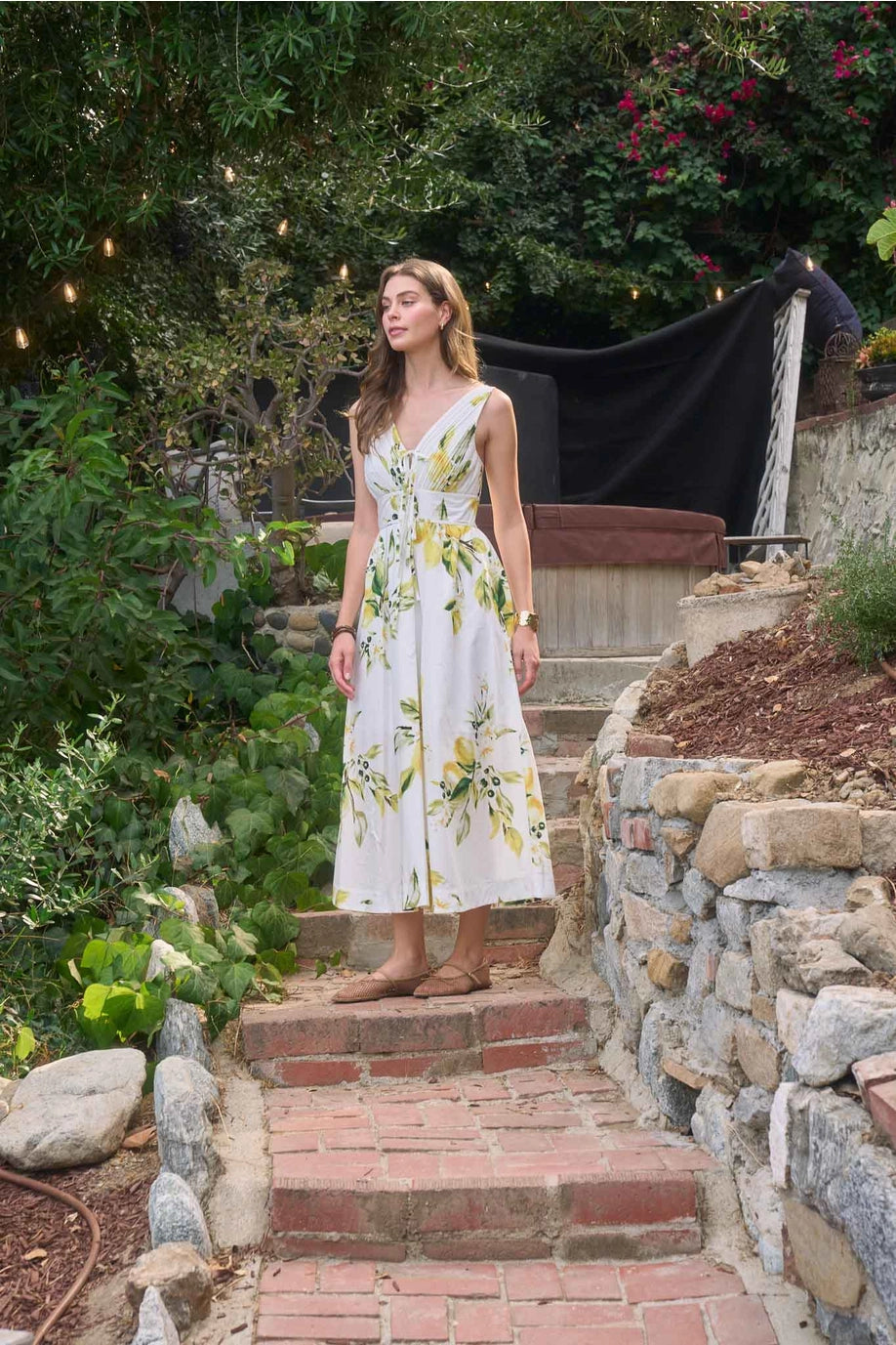 Moon River Floral Pleated Front Tie Midi Dress