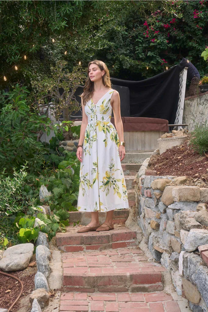 Moon River Floral Pleated Front Tie Midi Dress