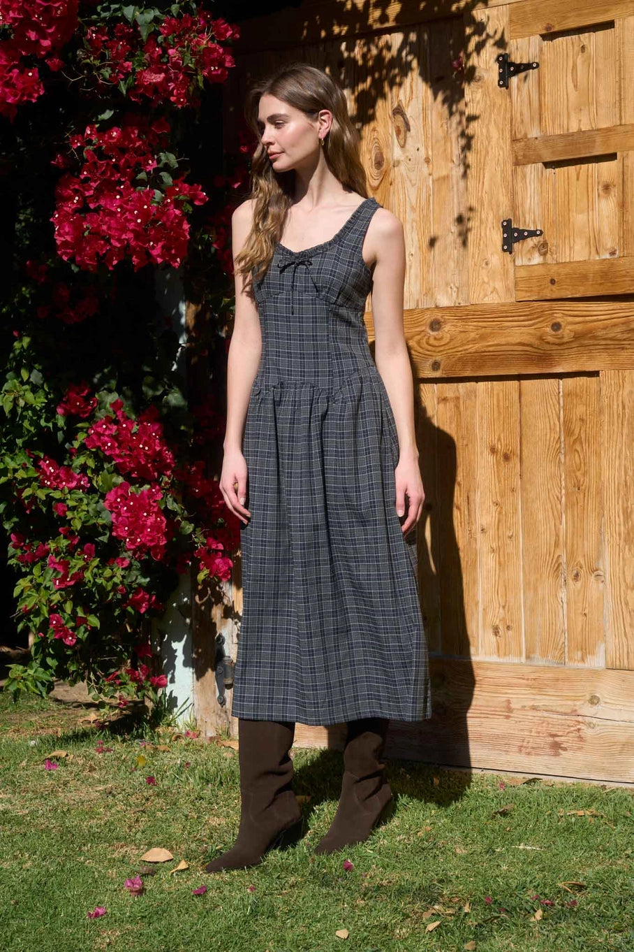Moon River Plaid Scoop Neck Midi Dress