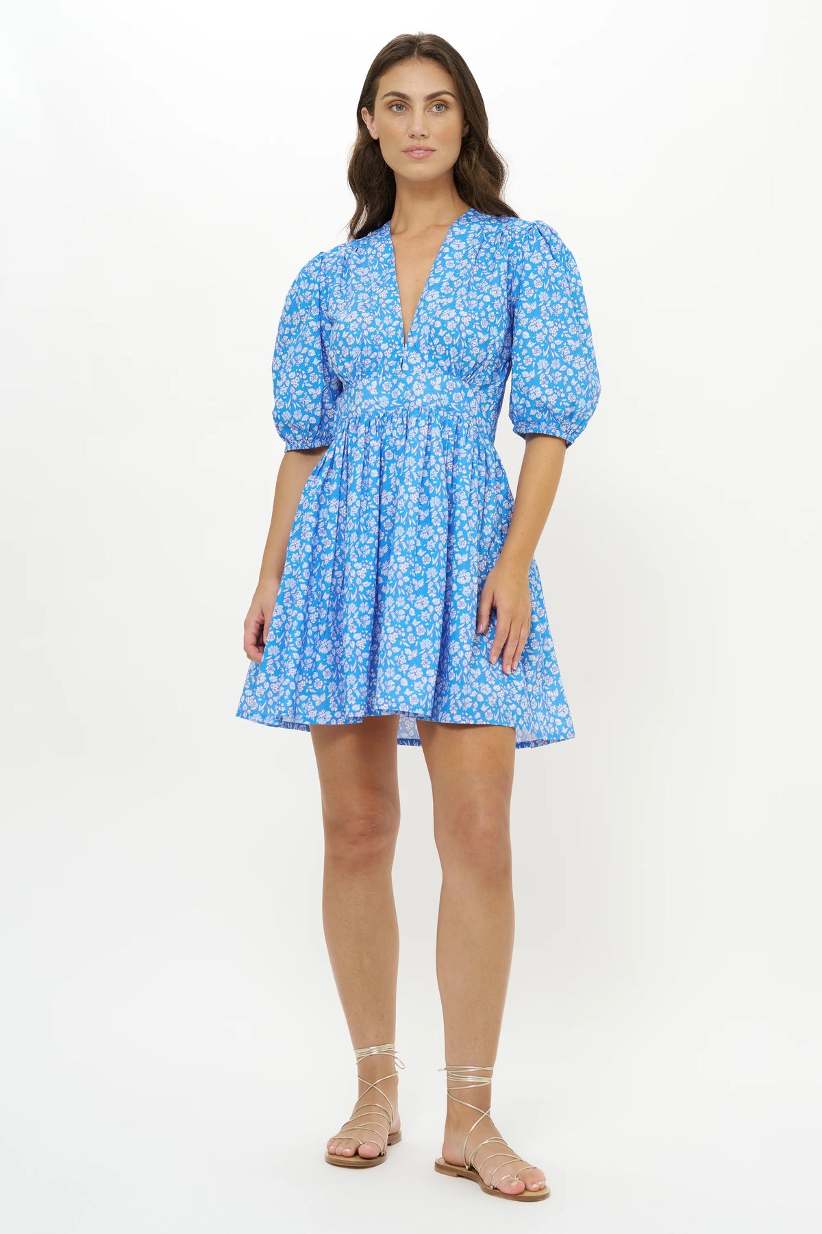 Oliphant V-Neck Puff Mini Dress Ditsy Blue