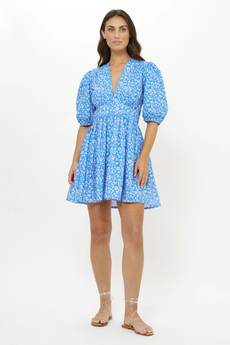 Oliphant V-Neck Puff Mini Dress Ditsy Blue Final Clearance – Shop