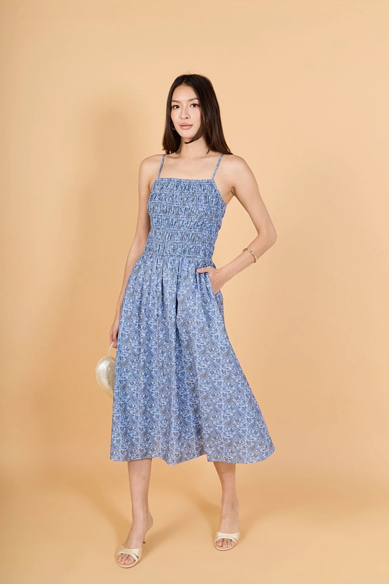 English Factory Checked Smocked Midi Dress - Navy