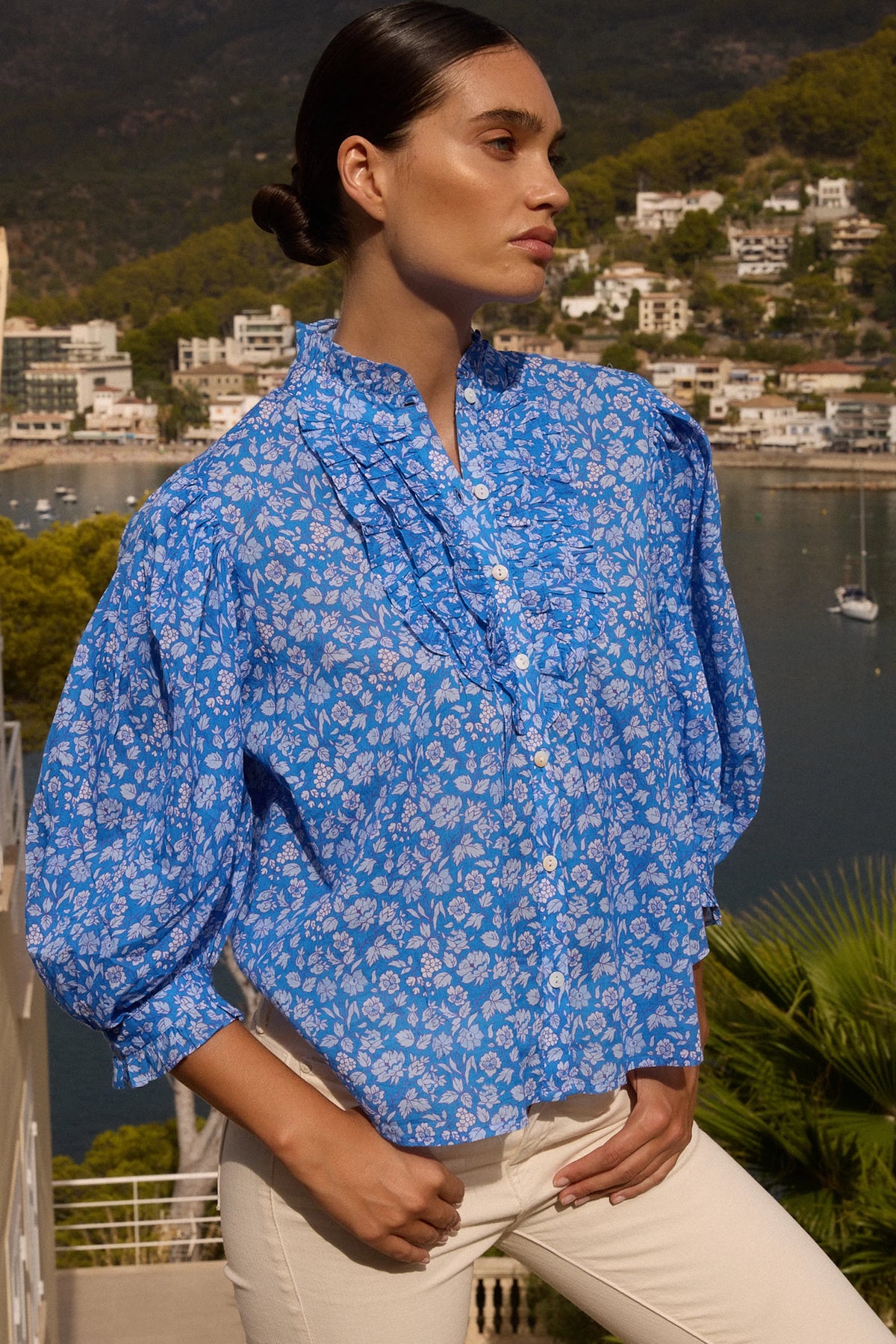 Oliphant Ruffle Front Blouse Ditsy Blue